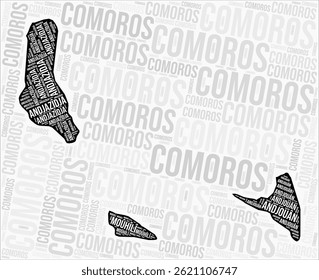 As regiões de Comores mapeiam nuvem de palavras. Nomes das regiões de Comores. Design de mapa em preto e branco. Ilustração de vetor criativo.