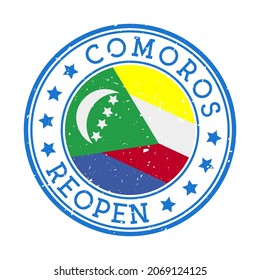 Comoros Reopening Stamp. Round badge of country with flag of Comoros. Reopening after lock-down sign. Vector illustration.