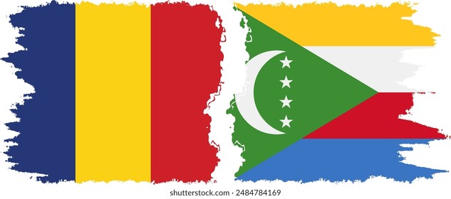 Comoros and Romania grunge flags connection, vector