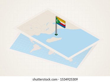 Comoros selected on map with isometric flag of Comoros. Vector paper map.