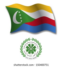 comoros shadowed textured wavy flag and coat of arms against white background, vector art illustration, image contains transparency transparency