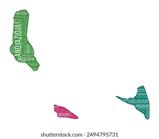 Comoros shape. Country word cloud with region division. Comoros colored illustration. Region names cloud. Vector illustration.