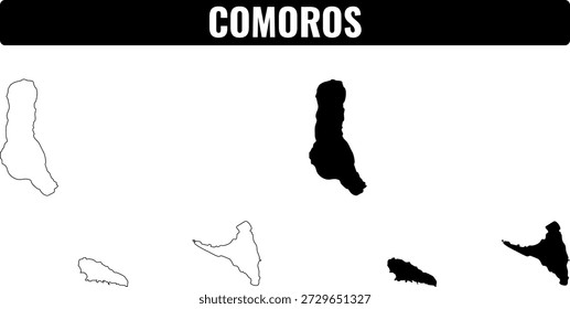 Formas das Comores com contornos das ilhas e suas características geográficas
