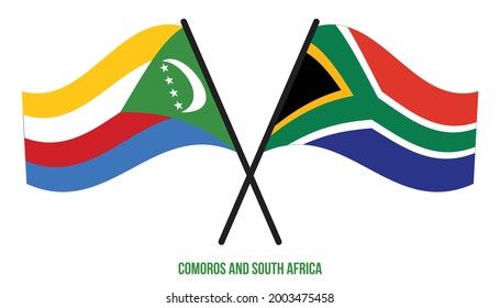 Comoros and South Africa Flags Crossed And Waving Flat Style. Official Proportion. Correct Colors.