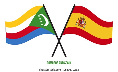 Comoros and Spain Flags Crossed And Waving Flat Style. Official Proportion. Correct Colors.