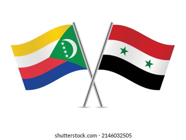 Comoros and Syria crossed flags. Comorian and Syrian flags on white background. Vector icon set. Vector illustration.