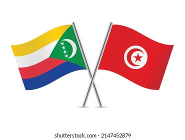 Comoros and Tunisia crossed flags. Comorian and Tunisian flags on white background. Vector icon set. Vector illustration.