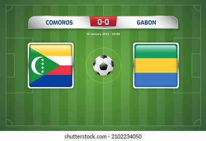 Comoros vs Gabon scoreboard broadcast template for sport soccer africa tournament 2021 Group C and football championship in cameroon vector illustration