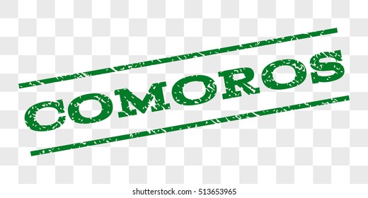 Comoros watermark stamp. Text caption between parallel lines with grunge design style. Rubber seal stamp with scratched texture. Vector green color ink imprint on a chess transparent background.