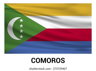 Comoros Waving flag isolated vector in official colors and Proportion Correctly. waving wind Flag realistic fabric effect. country's name label in bottom