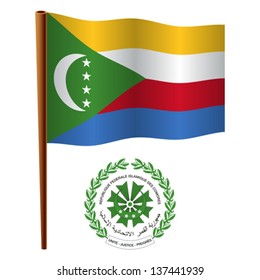 comoros wavy flag and coat of arms against white background, vector art illustration, image contains transparency