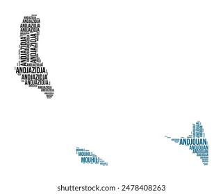 Comoros Word Cloud. Country shape with region division. Comoros typography style image. Region names tag clouds. Vector illustration.