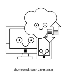 Comouter and smartphone with cloud computer in black and white