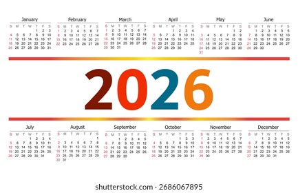 Diseño De Año calendario Compacto De 2026 Con Barras De Gradiente De Color Y Cuadrículas De Mes.