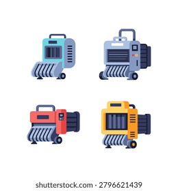 Compact agricultural baler machines in multiple colors. Set of four colorful agricultural machine icons featuring a compact design with rollers and intake vents. Ideal for farm equipment catalogs and industrial educational materials.