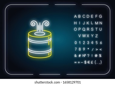 Kompaktes Leuchtsymbol für Neonfilter. Luftfeuchtigkeitsregler, Luftreiniger für den Haushalt. Äußerer leuchtender Effekt. Unterschreiben Sie mit Alphabet, Zahlen und Symbolen. Vektorillustration einzeln auf RGB-Farbgrafik