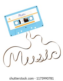 Compact audio cassette blue color and music text made from analog magnetic audio tape illustration on white background, with copy space