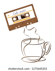 Compact audio cassette brown color and Coffee cup shape made from analog magnetic audio tape illustration, cafe music concept design on white background, with copy space
