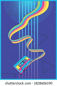 Compact Audio Cassette Colorful Audio Tape, Vintage Colors 1980s Style 