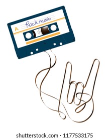 Compact audio cassette dark blue color and rock hand sign language shape made from analog magnetic audio tape illustration on white background, with copy space