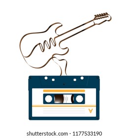 Compact audio cassette dark blue color and Electric guitar shape made from analog magnetic audio tape illustration on white background, with copy space