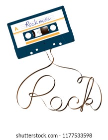 Compact audio cassette dark blue color and rock text made from analog magnetic audio tape illustration on white background, with copy space