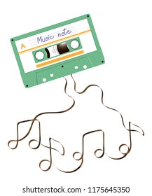 Compact audio cassette green color and Music note shape made from analog magnetic audio tape illustration on white background, with copy space