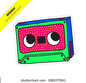 Compact Audio Cassette Musicassette music tape sticker vector illustration. Trend hand drawing picture Blue Green. Pop art fashion chic patch, pin, badge