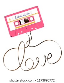 Compact audio cassette pink color and love text made from analog magnetic audio tape illustration on white background, with copy space