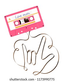 Compact audio cassette pink color and I love you hand sign language shape made from analog magnetic audio tape illustration on white background, with copy space