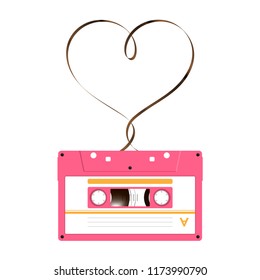 Compact audio cassette pink color and Love heart sign shape made from analog magnetic audio tape illustration on white background, with copy space