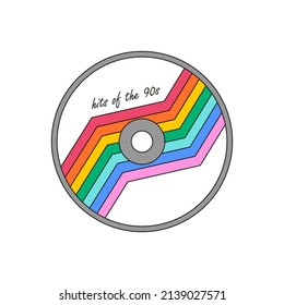 Compact audio disk with rainbow label. Musical equipment. CD icon, sign, symbol of 90s, 00s. Vector illustration with outline isolated on white background