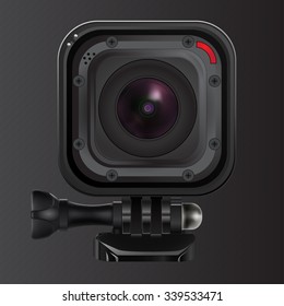 Compact black action video camera. Vector illustration isolated on black background. Session 4