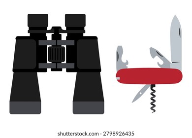 Compact black field binoculars for bird watching and multi tool red pocket knife with various blades for camping.