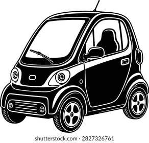 Compact black and white vector illustration of a modern micro car with rounded bodywork, large windows, headlights and detailed wheels.