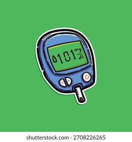 Un medidor de glucosa azul compacto muestra una lectura en su pantalla verde, que simboliza el manejo de la diabetes y el monitoreo de la salud en el hogar. Ideal para imágenes médicas, de atención médica y de concienciación sobre la diabetes.
