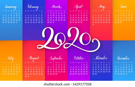 Compact calendar layout for 2020 year. English templates set with basic grid on colorful background. Week starts from Sunday. Vertical annual calendar vector design for mobile business apps