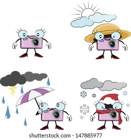 compact camera cartoon in sunny, rainy and winter condition