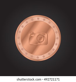 Compact Camera embossed realistic bronze coin precious Icon / Logo Design
