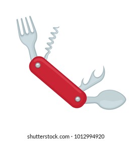 Compact camping knife, fork, spoon for camping tourism, cartoon illustration of travel equipment. Vector
