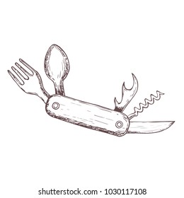Compact camping knife, fork, spoon for camping tourism, cartoon sketch illustration of travel equipment. Vector