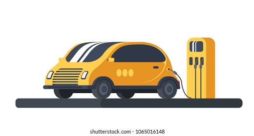 Compact car and gas station. The process of refueling automobile. Flat vector isolated on white background.