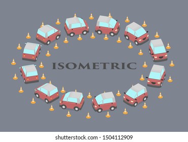 Compact Car Makes A Turn At The Landfill. Animation Of A Car Turning. In Isometry.