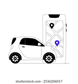 Kompaktwagen mit Navigationskartendarstellung auf dem Smartphone-Bildschirm in einer flachen Vektorgrafik, die Transport, gemeinsame Nutzung und Navigation symbolisiert, einzeln auf weißem Hintergrund.