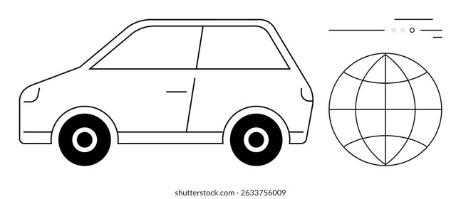 Compact car outline next to globe with connection lines. Ideal for technology, global business, travel, transportation, environmental impact, logistics, and futuristic design. Line metaphor