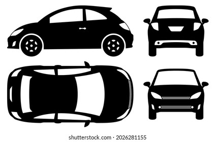 Compact car silhouette on white background. Vehicle icons set view from side, front, back, and top