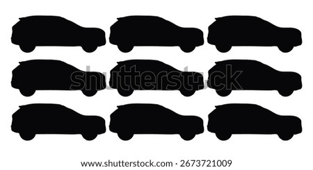 Compact car silhouette vector set, top and side views, modern hatchback vehicle design,
