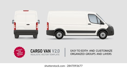 Compact cargo van vector mockup with side and rear view. Editable delivery vehicle template for branding, van livery, fleet graphics and advertising design