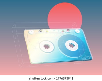 Compact Cassett tape and clear box graphic illustration, sunset summer vibe pastel color palette