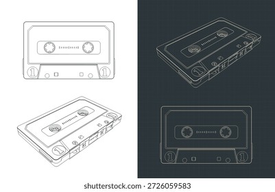 Compact cassette blueprints stylized vector illustrations
